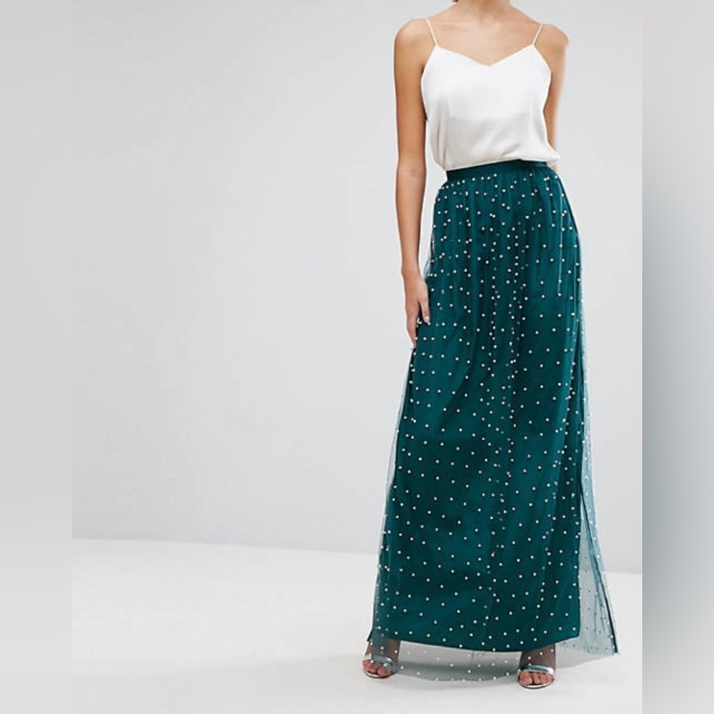 ASOS Design Women’s Tall Faux Pearl Embellished Tulle Maxi Skirt Forest Green - Picture 4 of 14